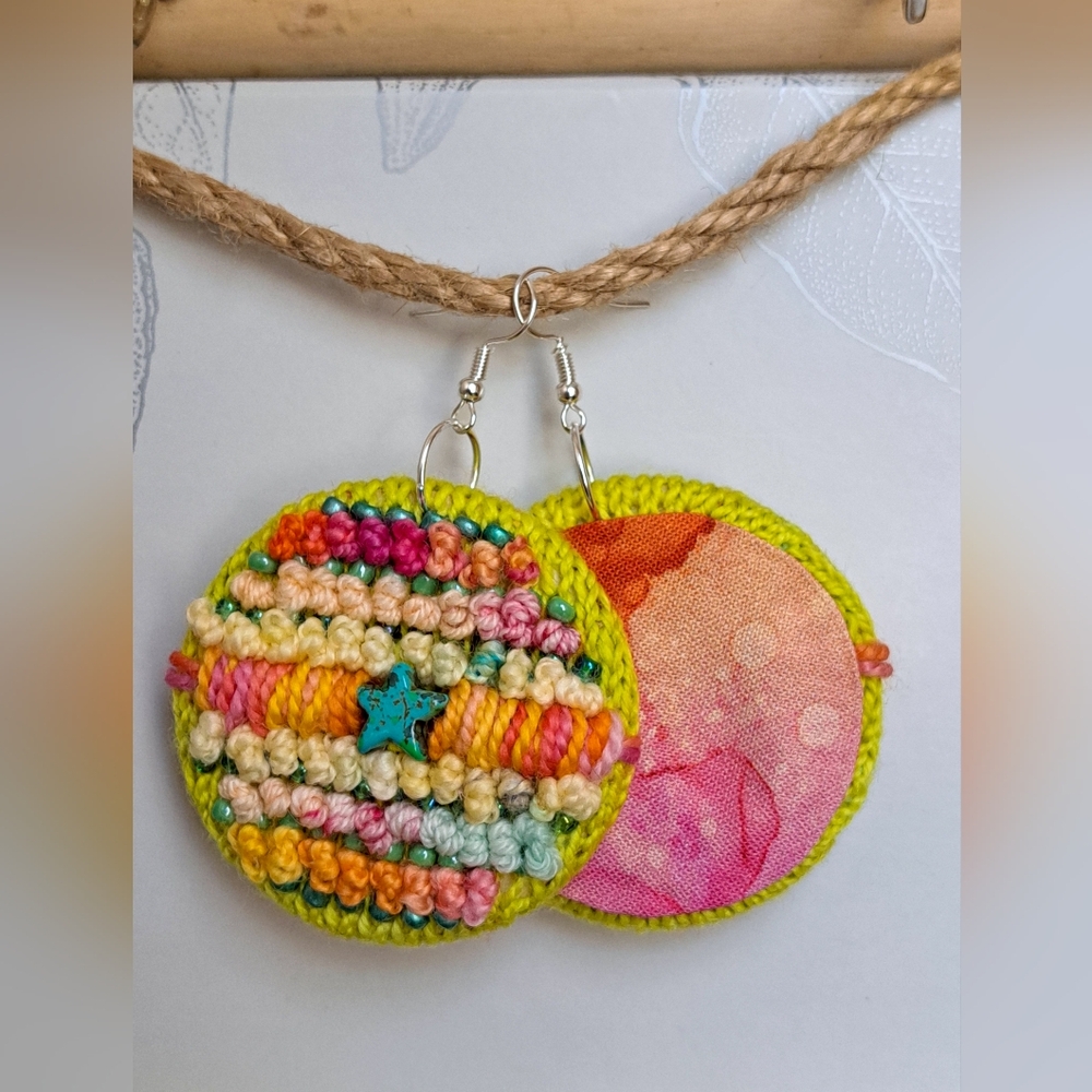 Hand Crafted Multicolor Crochet Round Earrings with Teal Star Accent - Picture 8 of 16